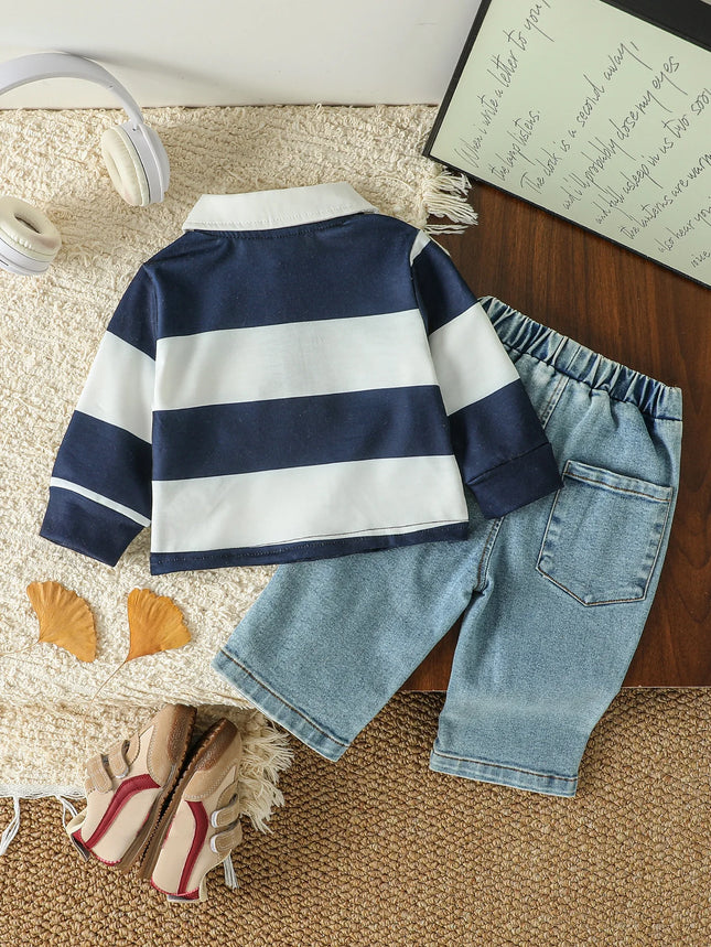 Four-Season Style Baby Boy Striped Polo Shirt + Denim Pants, Classic and Timeless Striped Design, Suitable for Everyday Wear and Outings