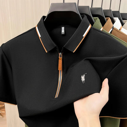 Men's Contrasting Striped Lapel Short Sleeved T-shirt, Summer Dad Outfit, New Cool POLO Top