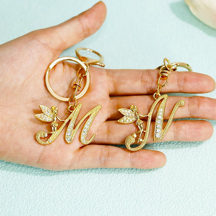 A-Z Rhinestone Elf Girl Letter Keychain Gold Color Initial Name Keyrings Girls Car Key Holder Handbag Purse Charms Decoration