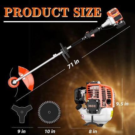 36CC 2-Stroke Gasoline String Trimmer, 3-in-1 Garden Weed Eater with 3/40-Tooth Brush Cutter Blade & Adjustable Shoulder Strap for Lawn & Yard Trimming