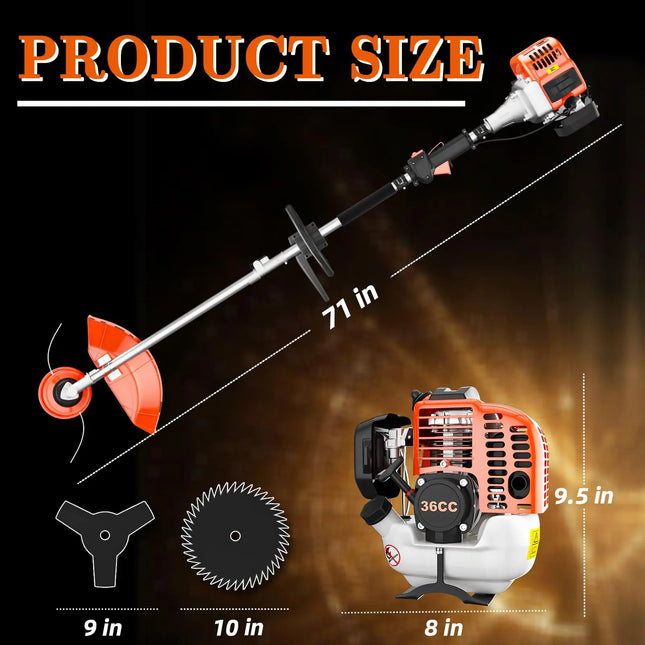 36CC 2-Stroke Gasoline String Trimmer, 3-in-1 Garden Weed Eater with 3/40-Tooth Brush Cutter Blade & Adjustable Shoulder Strap for Lawn & Yard Trimming