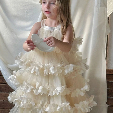 2025 Spring Summer New Children Clothing Girls Neck Hanging Flower Layered Long Dress Korean Children Birthday Princess Dress
