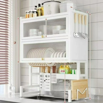 Over-the-Sink Dish Rack with Utensil Holder - Dustproof Carbon Steel Organizer for Plates/Bowls/Cutting Boards | Space Kitchen