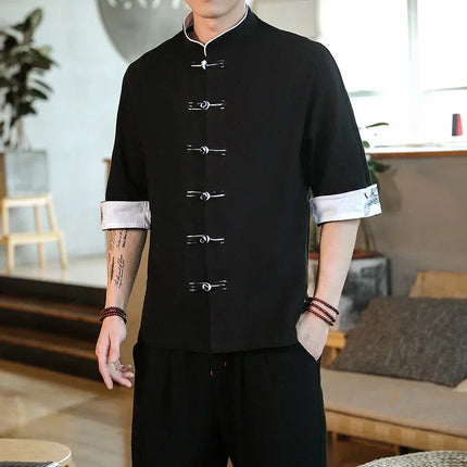 Embroidery Crane Shirts Men Traditional Chinese Clothing Vintage Half Sleeve Linen Cotton Shirts Madarin Collar Hanfu Kungfu Top