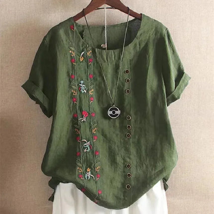 Retro Cotton Linen Short Sleeve Embroidered Flower Women's T-shirt Wish Brand Crew Neck plus Size Shirt from Mainland China