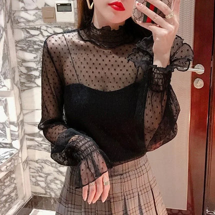 Women's Black Lace Flared Sleeve Slim Fit T-Shirt Long Sleeve Round Neck Base Shirt Fashion Kimono Bottoming Top for Women