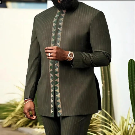 New Dashiki Men's Set Grey Round Neck Long Sleeve Luxury Brand Men's Suit Casual Slim Fit Men's Set Wedding Evening Suit