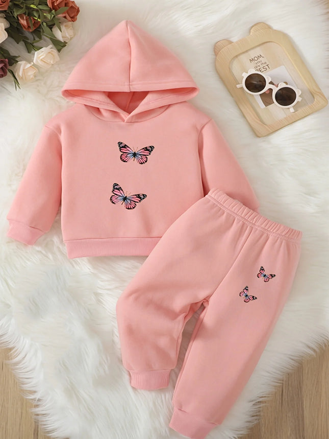 Baby Girl Baby Fashion Butterfly Pattern Hoodie+Sports Pants Two Piece Set Spring and Autumn Gift