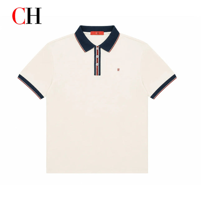 CH Men Multi Stripe Placket Short Sleeve Polo Shirt Tiny Red Embroidery Left Chest Old Money Quiet Luxury Coastal Vacation Wear