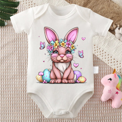 Pure Cotton Bodysuit Retro Happy Easter Bunny Flowers Onesie Comfortable Cloths for Baby Jumpsuit for 0 To 12 Months Newborn