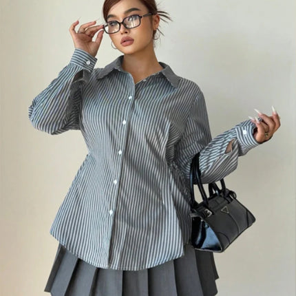 Plus Size Women's Striped Minimalist Shirt 2025 Autumn New Arrival Single-Breasted Long-Sleeved Shirt Casual & Office Wear