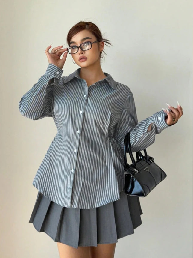 Plus Size Women's Striped Minimalist Shirt 2025 Autumn New Arrival Single-Breasted Long-Sleeved Shirt Casual & Office Wear