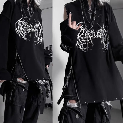 Two-Dimensional Dark Print Subculture Punk Long-Sleeved Loose Bf Style Off-Shoulder Sweatshirt with Zipper Design for Spring