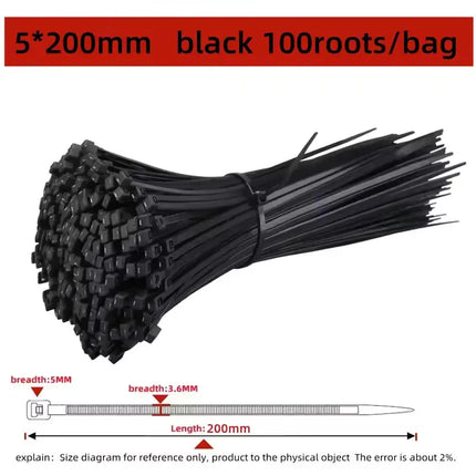 100 PCS Self-locking Plastic Nylon Tie Black Fastening Strap Cable-Tie-Set Cable Zip Tie Fastening Ring Zip Wraps Strap Tie