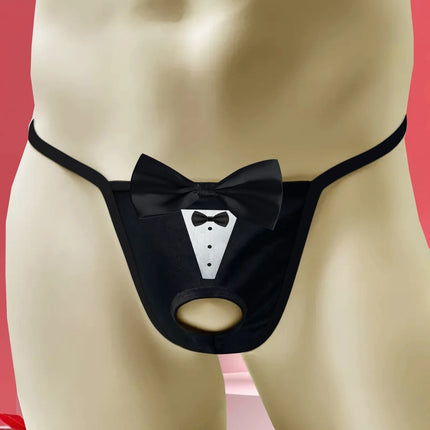 Men's Sexy Bow Decoration Thong Underwear with Fun Printed Breathable Soft Hollow Out Underwear