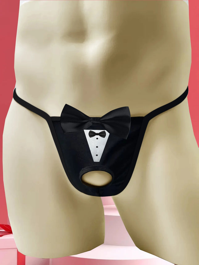 Men's Sexy Bow Decoration Thong Underwear with Fun Printed Breathable Soft Hollow Out Underwear