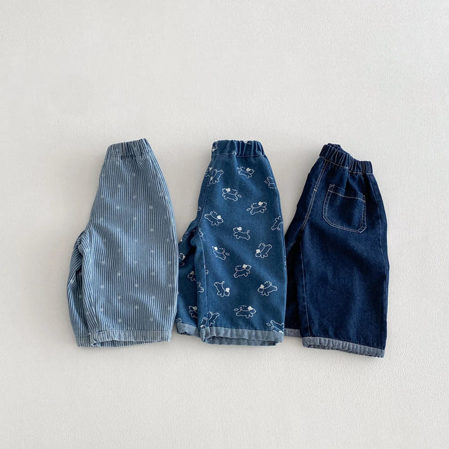 2026 Spring Kids Jean Star Pants Korean Style Boys Girls Denim Pants Full of Puppy Print Casual Toddler Boys Straight Trousers