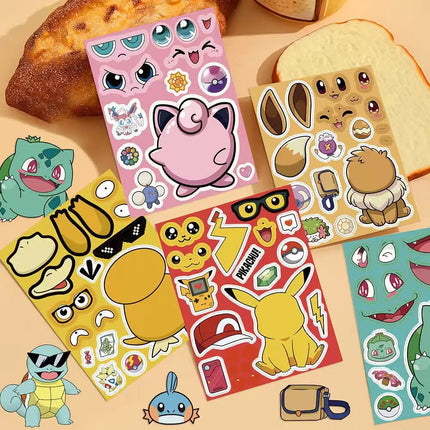 8/24PCS  Anime Pokemon Cartoon Puzzle Stickers Pikachu Children Make A Face DIY Toys Funny Assemble Jigsaw Kids Boys Girls Party