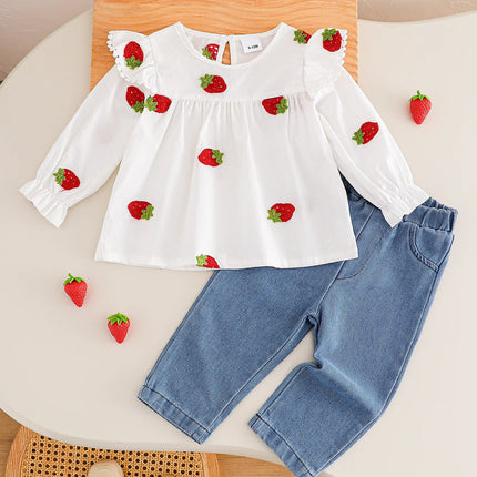 Girls Spring Autumn Strawberry Embroidery Ruffle Long Sleeve + Denim Long Pants Two-Piece Set Baby Outfit