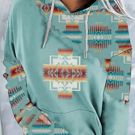 Women's casual fashion round neck pullover hoodie Western ethnic style retro print women's top hoodie