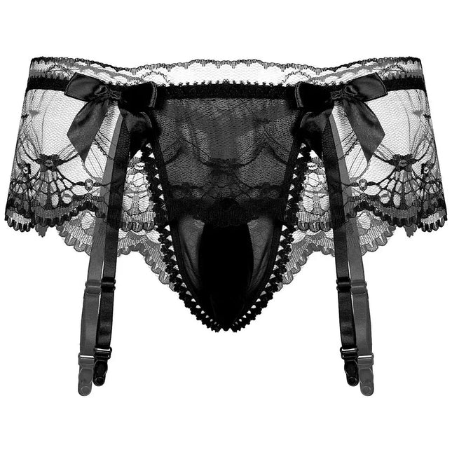 Sexy Men's Panties Sissy Lace Transparent Bowknot Lingerie Men Bulge Pouch Briefs Underwear Pump Man Briefs With Garter