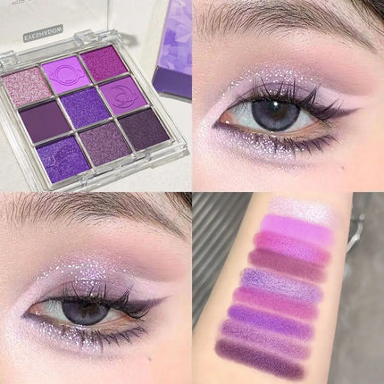 JUJU Purple Fringe 9 color eyeshadow tray - mixed berry and purple tones, matte shimmer - smoky, natural and charming