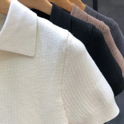 Men's Polo Neck Short Sleeve Knitted Sweater Slim Fit Summer Fashion Turn-down Collar Base Shirt Casual Style Pure Color