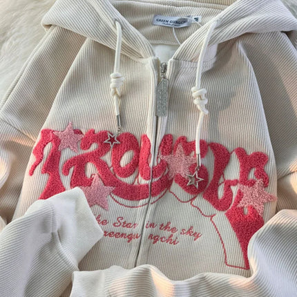 Vintage Streetwear Zip Up Tops Oversized Star Graphics Print Hoodies 2024 Women American Retro Graphic Hooded Sweatshirts