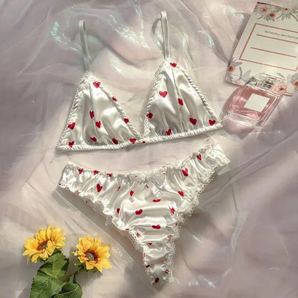 Sexy Cute Satin Heart Print Bra Set For Girls Women Strap Lingerie Summer Wire Free Lingerie Underwear Two Piece Female Bra Set