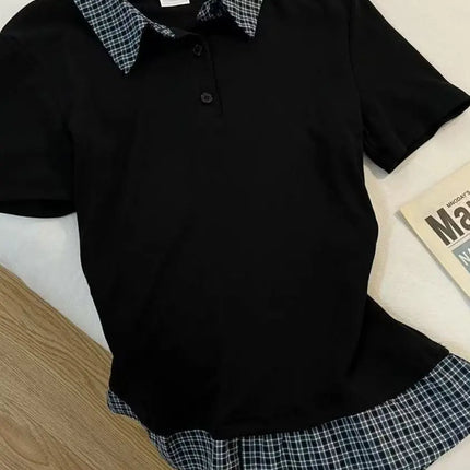 Preppy Style Plaid Splice  Neck Short Sleeve T-Shirt Women Summer Design Unique Fake Two-Piece Shoulder Baring Trendy Top