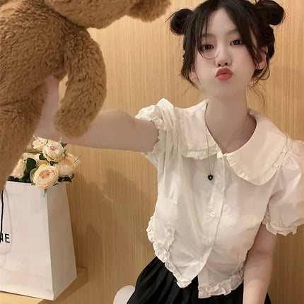 White Doll Collar Bubble Sleeve Shirt Women's Summer 2025 New Design Sweet Short Style Top Polyester Fabric Pure Color Fresh...