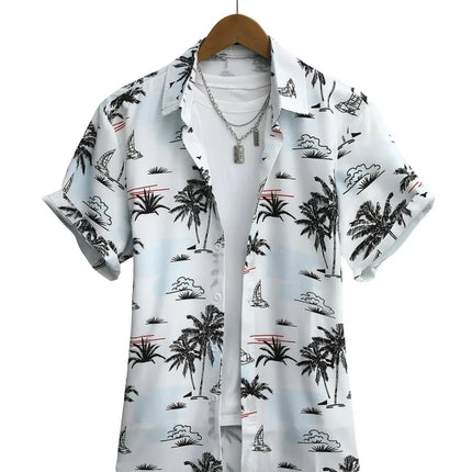 Summer 2025 Men's Short-sleeved Shirt With Black And White Stripes And Collection Pattern Print Single-breasted Fashion Shirt
