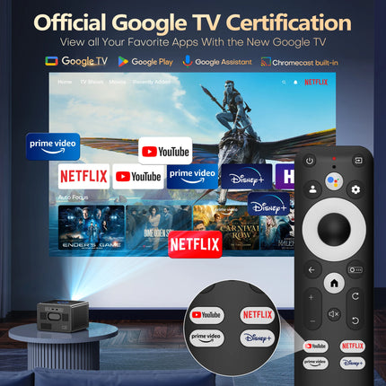 XIWBSY 4000ANSI Google TV Projector 4K Android 11.0 Sealed Optical Projector 52000Lumens WiFi6 Projector Google Voice Assistant