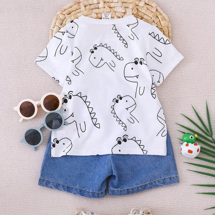 Summer 2-Piece Set New Casual Outdoor Comfort Breathable Cute Dinosaur Print Round Neck Short-Sleeved Denim Shorts Fashion Suit