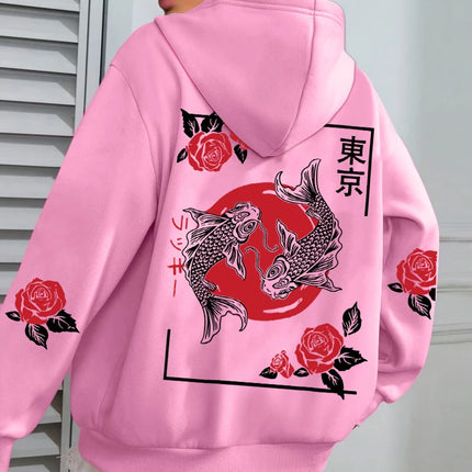 Tokyo Koi Fish Rose Harajuku Print Women Hoodie Loose Casual Hoody Autumn Multicolor Streetwear All-Match Fleece Clothes