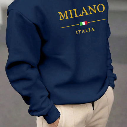 Men's autumn and winter casual loose fashion classic MILANO ITALIA pattern printed long sleeved round neck sweatshirt