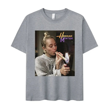 Miley Cyrus Funny Smoking T Shirt Hannah Montana Aesthetic Vintage T-shirt Men Women Summer Oversized Cotton Tshirt Tops Clothes