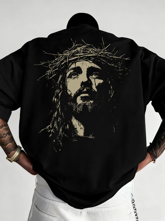 Men's Jesus Pattern Print T-Shirt Pure Cotton and Breathable Streetwear Oversized Loose Casual Trendy Crew Neck Short Sleeve