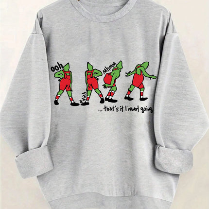 Grey Monster Print Fleece Lined Hoodie Casual For Autumn Long Sleeve Crew Neck Sweatshirts Women clothing Relaxed Drop Shoulder
