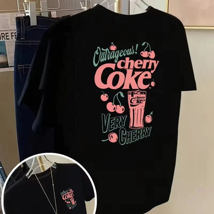 Lady's Tops, Cherry Coke Graphic T-Shirt, Front & Back Print Casual Crew Neck Short Sleeve Top, Spring Summer Daily Streetwear