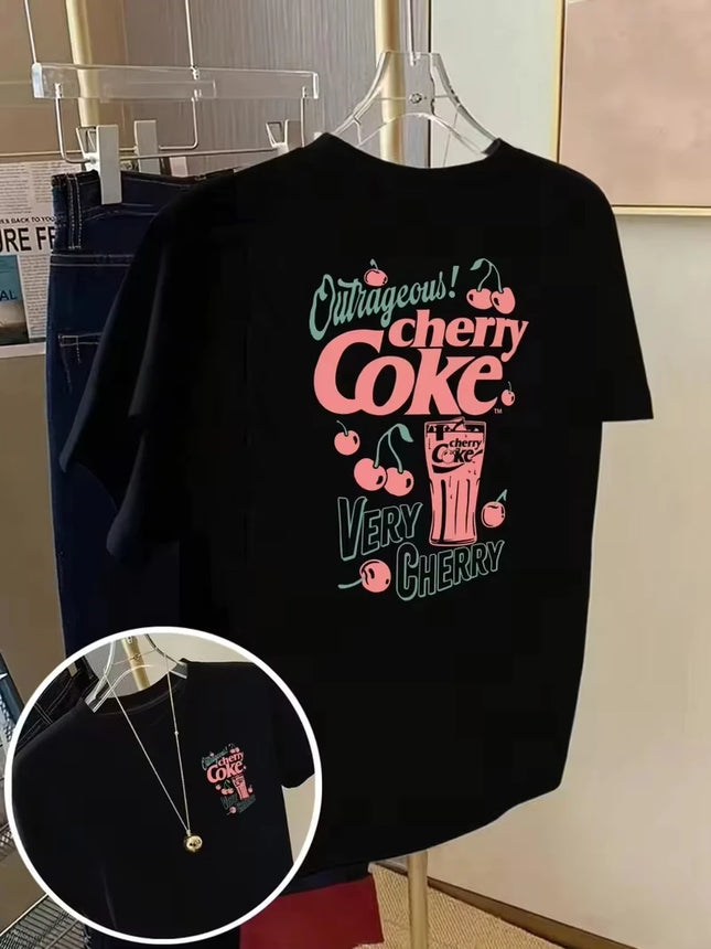 Women's Tops, Cherry Coke Graphic T-Shirt, Front & Back Print Casual Crew Neck Short Sleeve Top, Spring Summer Daily Streetwear