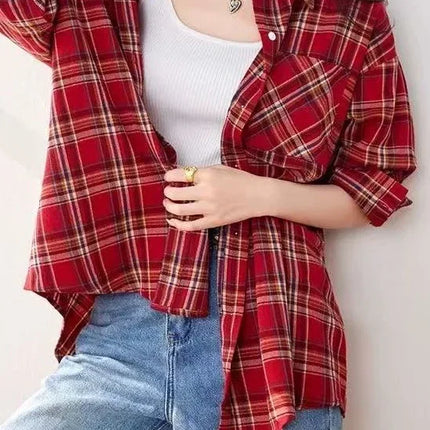 Retro Red Plaid Long Sleeve Women's Shirt Loose Fit Autumn Summer New Style Casual Fashion Open Cardigan Slimming Top Coat