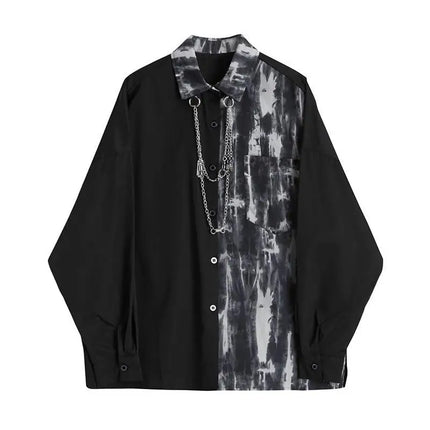 Spring Autumn New Fashion Turn-down Collar Long Sleeve Tie Dye Blouse Men's Clothing Patchwork Chain Button Korean Trend Shirts