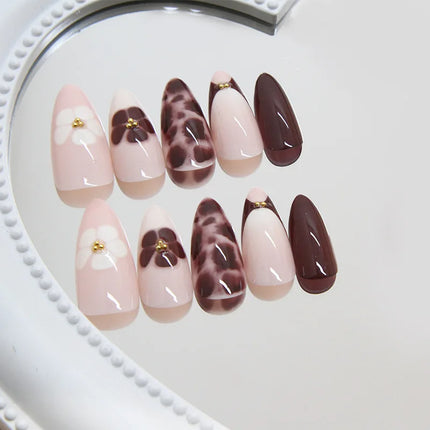 Dark Brown Flowers 24 Pcs Press-on Nails Pink Nail Polish Glossy Artificial Finger Manicure Reusable False Nails
