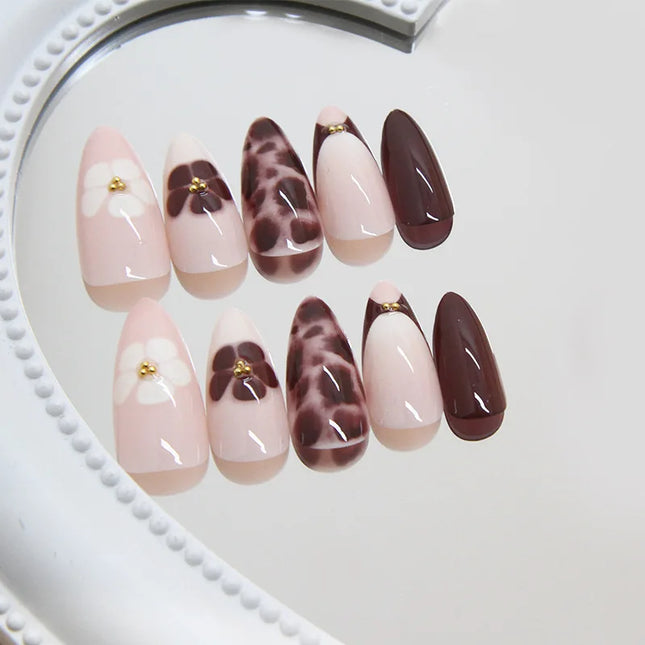 Dark Brown Flowers 24 Pcs Press on Nails Pink Nail Polish Glossy Artificial Finger Manicure Reusable False Nails