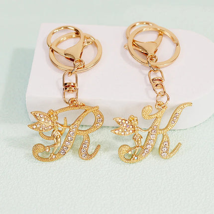 A-Z Rhinestone Elf Girl Letter Keychain Gold Color Initial Name Keyrings Girls Car Key Holder Handbag Purse Charms Decoration