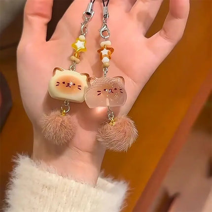 1/2PCS cute fluffy cat mobile phone talisman with pom-pom tail 3D kitten keychain bag pendant girl creative cartoon