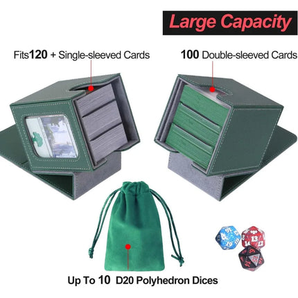 MTG Deck Box for Commander Display,Card Deck Box Fits 100 Double Sleeved Cards, Magic Commander TCG Card Storage case with 2 Dividers,Dice Bag and 1 Toploader(Green/Grey)