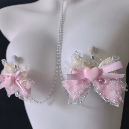 Pink Bow Heart Collar Sexy Nipple Clamps Sweet Style Accessories for Female BDSM Training Fetish Breast Binding Adult Sex Toys