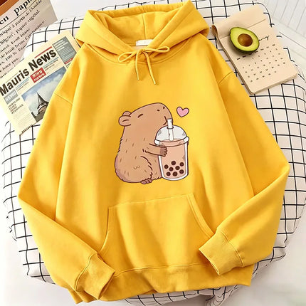 Funny Kawaii Bubble Tea Capybara Hoodie Women/Men Aesthetic Graphic Hoodies Unisex Autumn Winter Harajuku Pullovers Sweatshirts